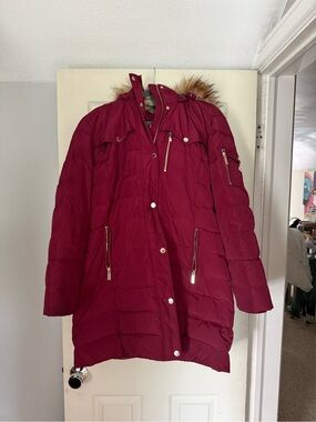 Michael Kors Wine-Red Quilted Puffer Coat with Faux-Fur Trim